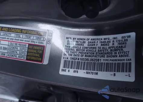 2006 Honda Civic Lx from USA, damaged, VIN 1HGFA16536L062081